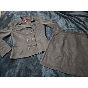 Vintage IZ California Navy Blue Skirt Suit Set Double Breasted Blazer Size 3